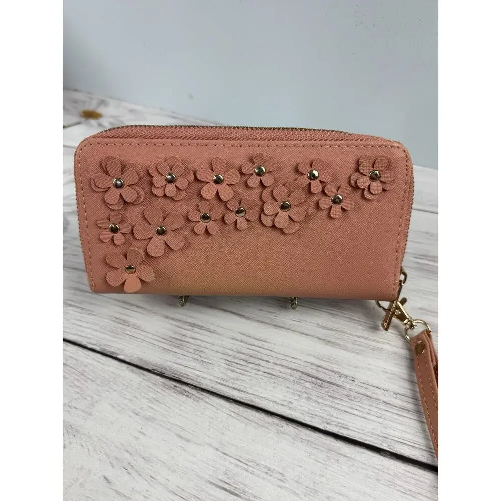 Under One Sky Coral Wallet Dual Zipper‎ Wrist Strap Flower design Studs EUC